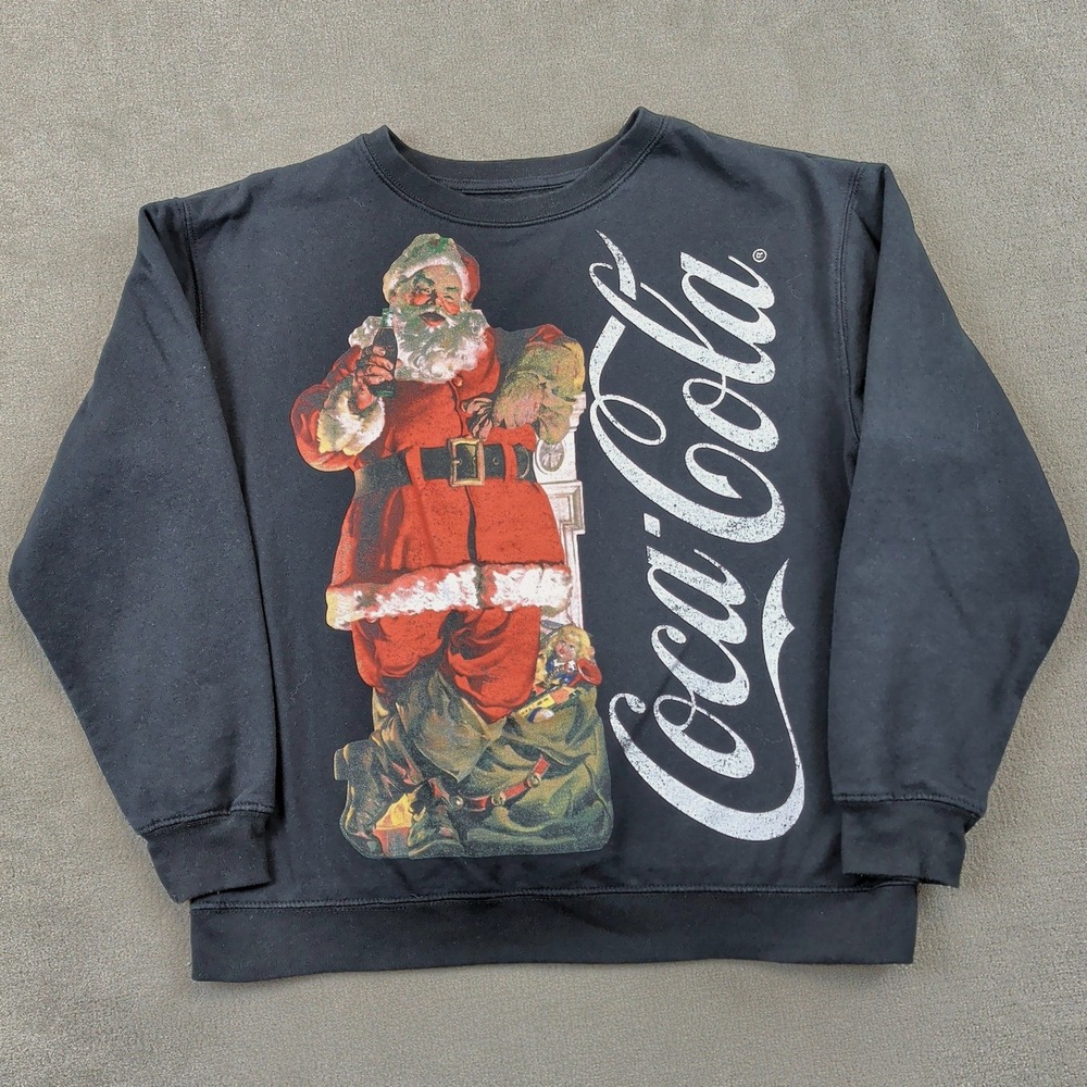 Coca-Cola Santa Claus Sweatshirt Mens Large Black Graphic Holiday Crewneck Coke